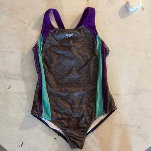 Speedo Gray, purple and turquoise one-piece bathing suit.
